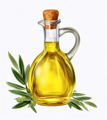 Glass bottle of olive oil with olives. A drop of olive oil in close-up. Isolated on a white background