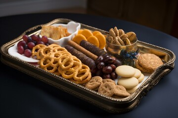 Assorted snacks on a ivory-framed tray. Generative AI