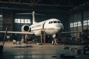 Aircraft maintenance in airport hangar. Generative AI - obrazy, fototapety, plakaty