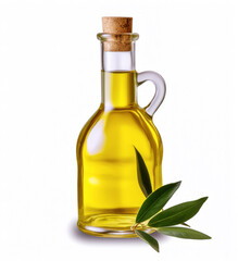 Glass bottle of olive oil with olives. A drop of olive oil in close-up. Isolated on a white background