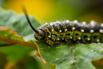 A closeup of a caterpillar feeding on foliage. Generative AI