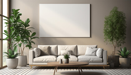 Fototapeta na wymiar Modern living room Mockup poster frame on the wall, a stylish sofa in Scandinavian Livingroom, 3d rendering, 3d illustration copy space. Stylish interior design