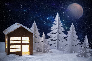 Winter village made of paper. Paper house in winter city night landscape. Creative Christmas winter background.