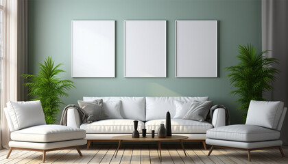 Modern living room Mockup poster frame on the wall, a stylish sofa in Scandinavian Livingroom, 3d rendering, 3d illustration copy space. Stylish interior design