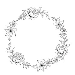 Flower Frame. Hand drawn Botanical vector illustration. Black and white wreath.