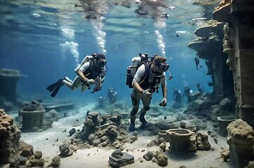 Divers and archaeologists uncover the past in a submerged city - obrazy, fototapety, plakaty