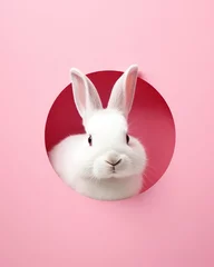 Poster A white fluffy rabbit peeks out through a round hole in a pink background © Alina Zavhorodnii