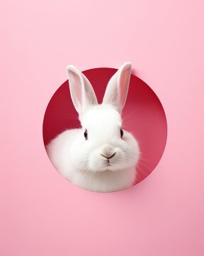 A white fluffy rabbit peeks out through a round hole in a pink background