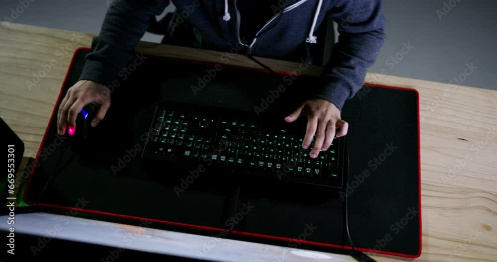 Leinwandbilder computer, night gamer and man typing, playing or control online simulation game, cyber action or vir