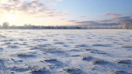 A snow-covered field lies in the foreground, its untouched beauty almost ethereal in the light of the setting sun A few trees are visible in the background, their branches bowed under the snow