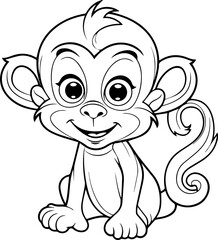 a cartoon, a cute (monkey) colouring page, black and white