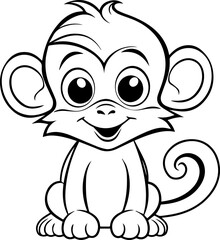 a cartoon, a cute (monkey) colouring page, black and white