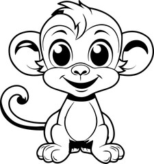 a cartoon, a cute (monkey) colouring page, black and white
