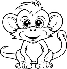 a cartoon, a cute (monkey) colouring page, black and white