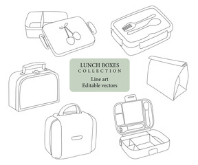 Set of hand drawn editable vector line art illustrations of lunch boxes and food containers