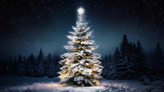In the tranquil winter night, a Christmas tree stands majestically in a snowy forest, its branches adorned with a shimmering garland, while gentle snowflakes descend, creating a serene holiday scene-