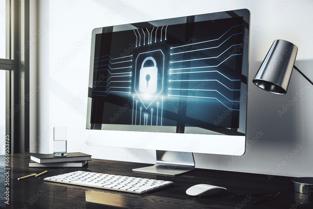 Poster Modern computer monitor with creative lock hologram and chip. Information security concept. 3D Rendering