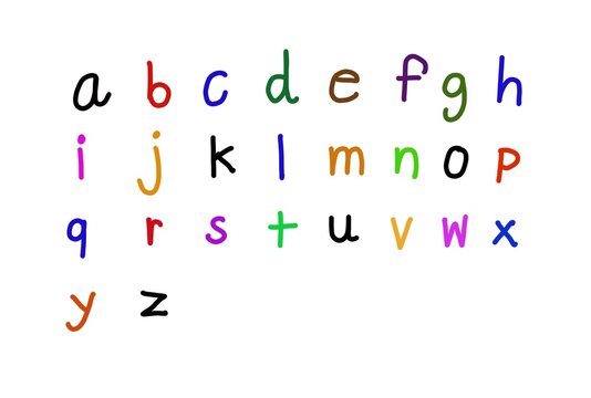 งานศิColorful handwritten font in English lowercase alphabet A-Z on white background. Concept, education. Teaching aids. Language learning. Start with abc... to build words or vocabularลปะที่ไม่มีชื่อ