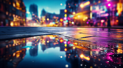 Obraz premium close up of a reflective city street with buildings and neon lights