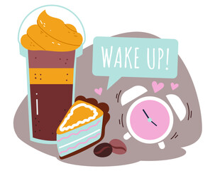 Coffee drink mug morning breakfast alarm concept. Vector flat graphic design illustration

