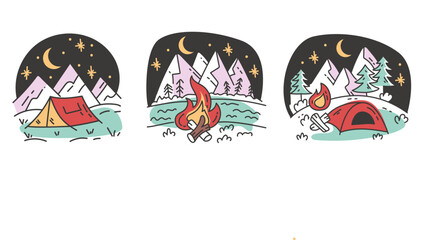 Camp night fire tent mountain campfire forest concept. Vector flat graphic design illustration
