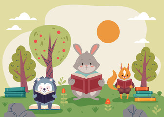 Forest animal characters reading book concept. Vector flat graphic design illustration