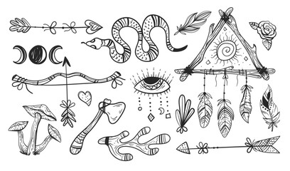 Fototapeta premium Native american boho indian tribal esoteric isolated set. Vector flat graphic design illustration