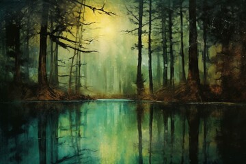 Outdoor scene with forest reflected in water at night. Generative AI
