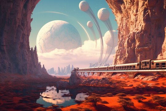 An alien train floats through a stunning planet. Generative AI