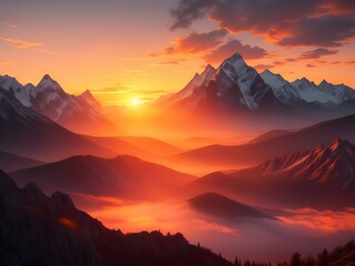 Un impresionante paisaje de puesta de sol con un sol ardiente que se hunde detrás de las majestuosas montañas - obrazy, fototapety, plakaty