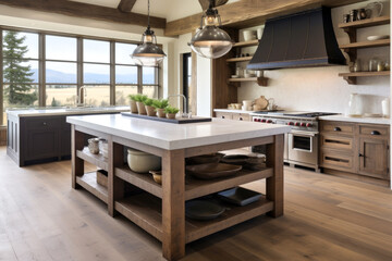 Fototapeta premium interior of new luxury house, kitchen and dining room with beautiful mountain view