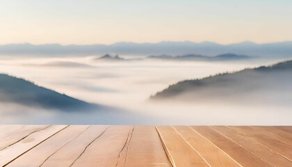 Empty wooden table top with on blurred mist, foggy.