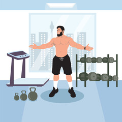 Fototapeta premium Man doing exercises in the gym. Vector illustration in flat style.