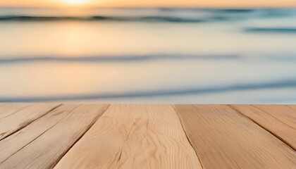 Empty wooden table top with on blurred Sea & Sand Beach