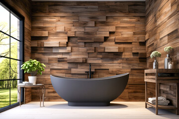 Interior of modern bathroom with wooden walls, tiled floor, comfortable white bathtub and wooden bathtub.