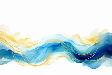Fotobehang watercolor wave background with blue and gold lines, Generative AI © heriyusuf