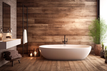 Interior of modern bathroom with wooden walls, tiled floor, comfortable white bathtub and wooden bathtub.