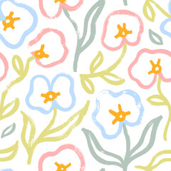 Pastel colored botanical seamless pattern with orchid and hibiscus flowers.