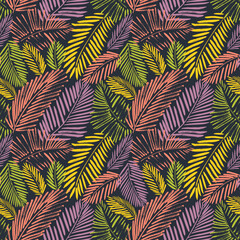Fototapeta na wymiar Brush drawn colorful palm leaves seamless pattern.