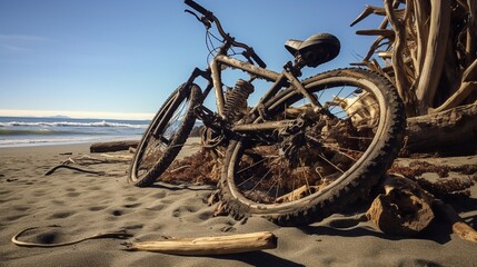 Fototapeta premium A sunny day at the beach with a bicycle near the ocean. generated by AI tool 