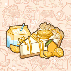  composition of a lemon cheesecake with lemon, lime, cream, vanilla milk bottle -  Illustration for kids books, recipes,  gift card - Kawaii style dessert and cake, restaurant