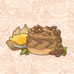  composition of a Paris-Brest cake with almonds, hazelnuts, cream, and butter -  Illustration for kids books, recipes,  gift card - Kawaii style dessert and cake, restaurant