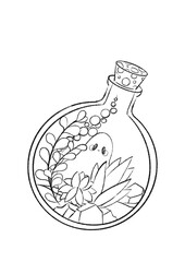 Spooky terrarium with a ghost inside for halloween  - Illustration for kids books, gift cards, coloring book, outlines  - Kawaii style ns titrere