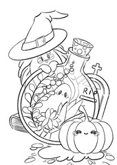 Spooky terrariumSpooky terrarium with a ghost inside for halloween with a magician hedgehog and a pumpkin - Illustration for kids books, gift cards, coloring book, outlines  - Kawaii style 