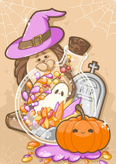 Spooky terrariumSpooky terrarium with a ghost inside for halloween with a magician hedgehog and a pumpkin - Illustration for kids books, gift cards  - Kawaii style 