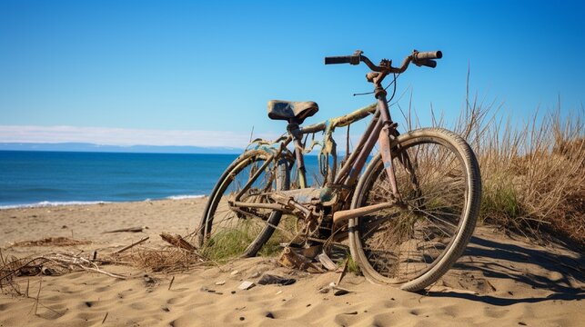 A sunny day at the beach with a bicycle near the ocean. generated by AI tool 
