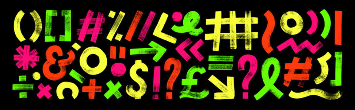 Neon colored punctuation signs drawn with a bold brush.