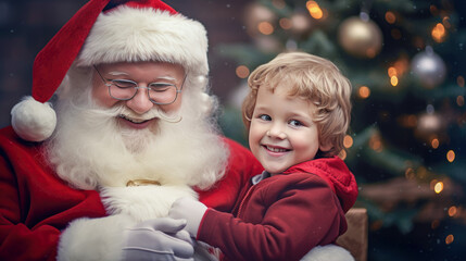 Fototapeta na wymiar Santa Claus with little boy at home. Christmas and New Year concept.