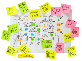 Calendar with business appointments and adhesive notes,monthly schedule. Business concept,beat the clock. Isolated on transparent background, png file