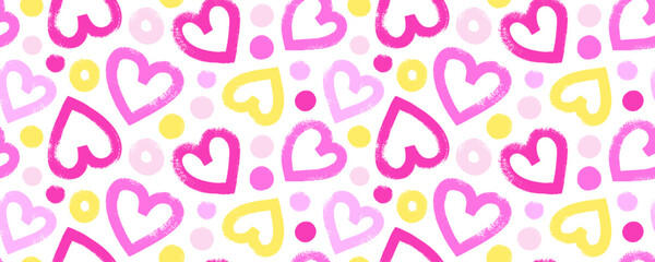 Pink and yellow hearts with dots seamless banner design.